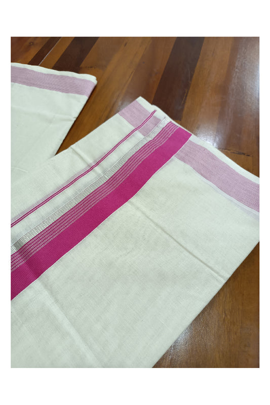 Off White Kerala Double Mundu with Silver Kasavu and Dark Pink Kara (South Indian Dhoti)