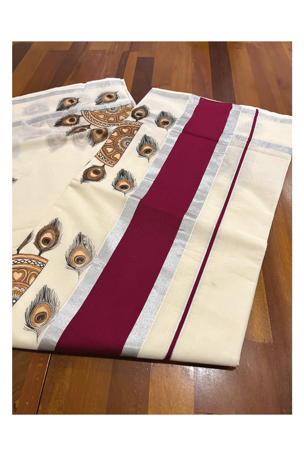 Pure Cotton Kerala Saree with Brown Peacock Feather Semi Circle Mural Prints and Silver Maroon Border