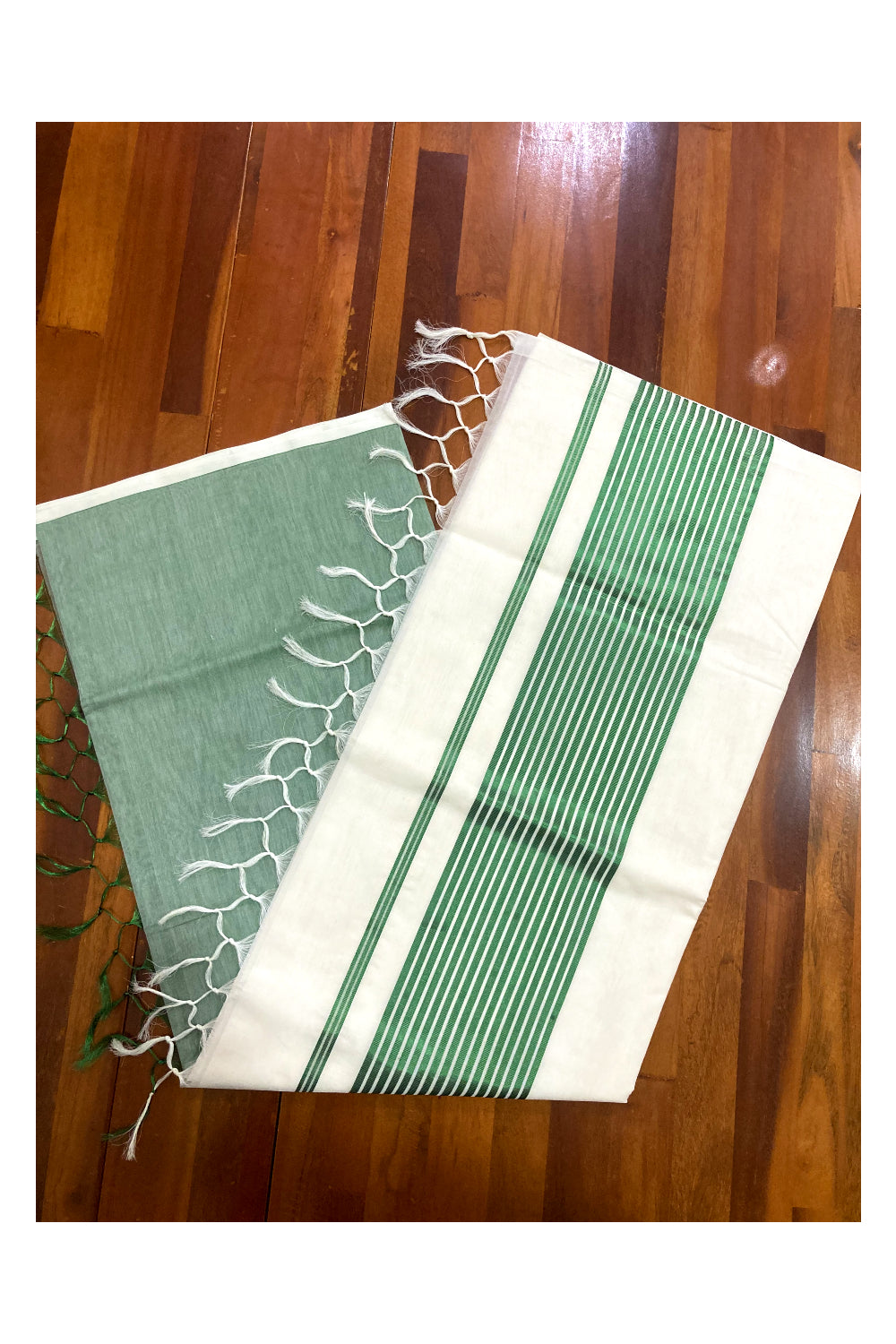 Southloom™ Premium Handloom Half & Half (Cotton / Tissue) Kerala Saree with Green Kasavu Pallu