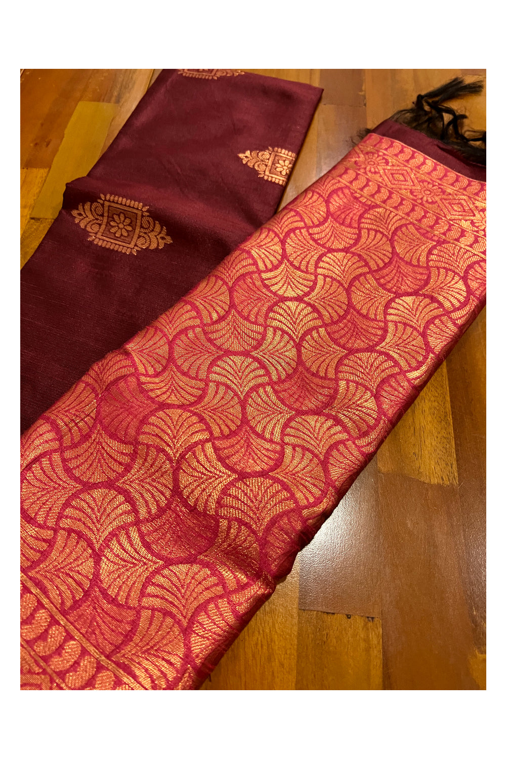 Southloom Maroon Semi Silk Designer Saree with Copper Kasavu Woven Works on Body