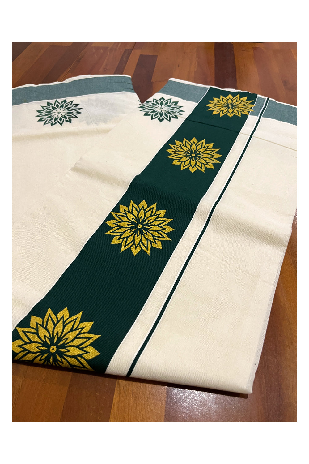 Pure Cotton Kerala Saree with Golden Block Prints on Green Pallu