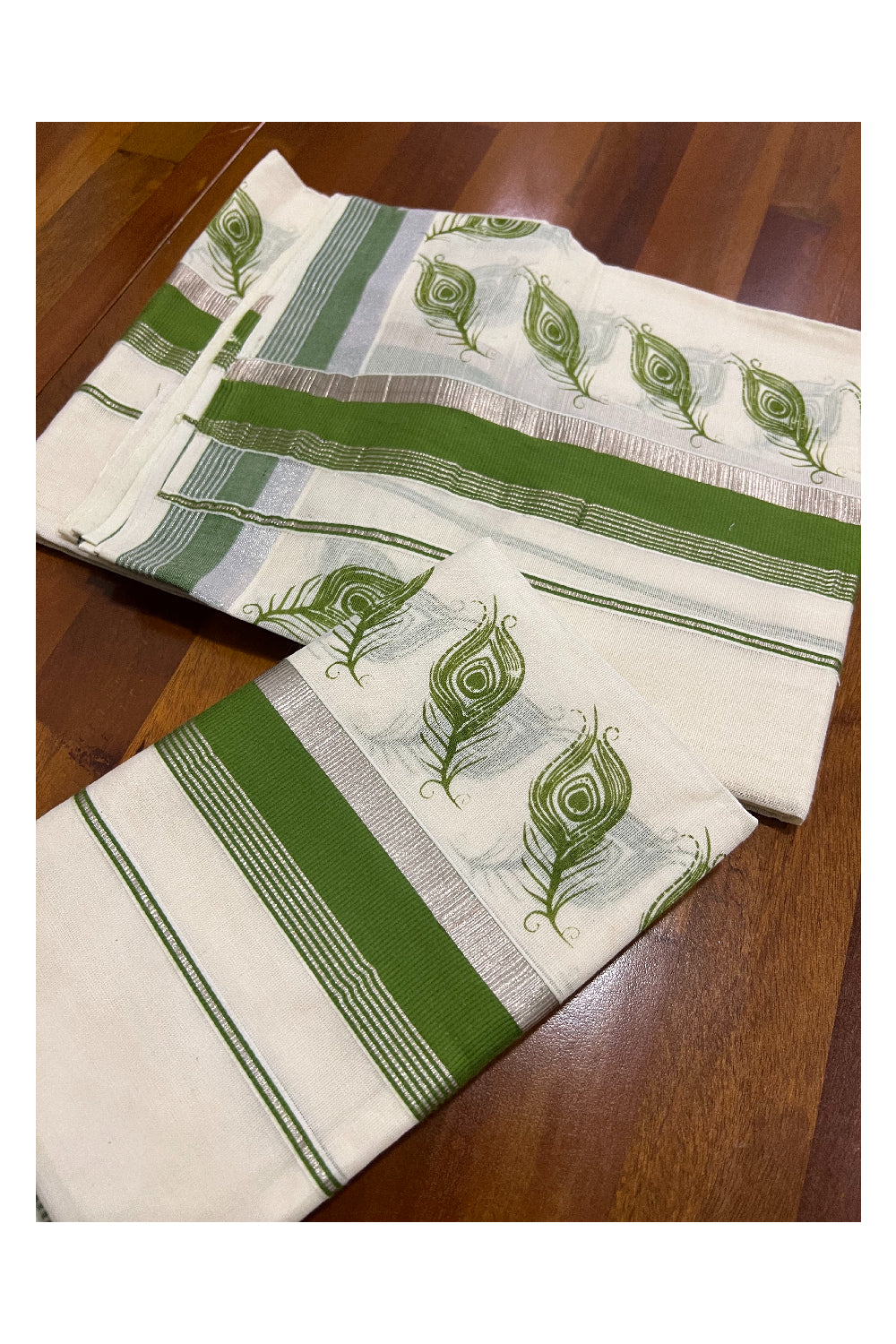 Pure Cotton Silver Kasavu Set Mundu (Mundum Neriyathum) with Green Feather Block Prints on Border
