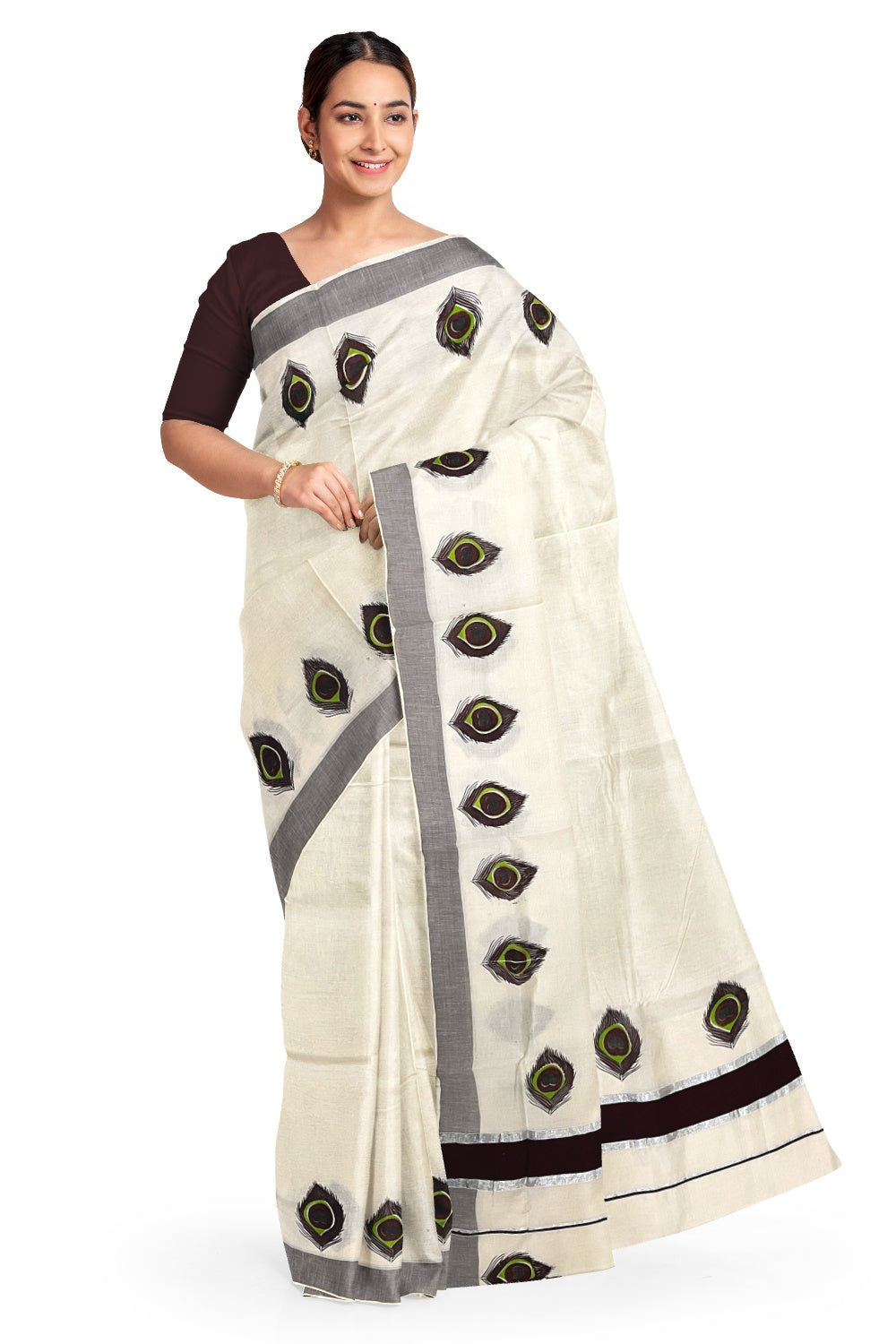 Pure Cotton Silver Kasavu and Dark Brown Border Kerala Saree with Feather Block Printed Design