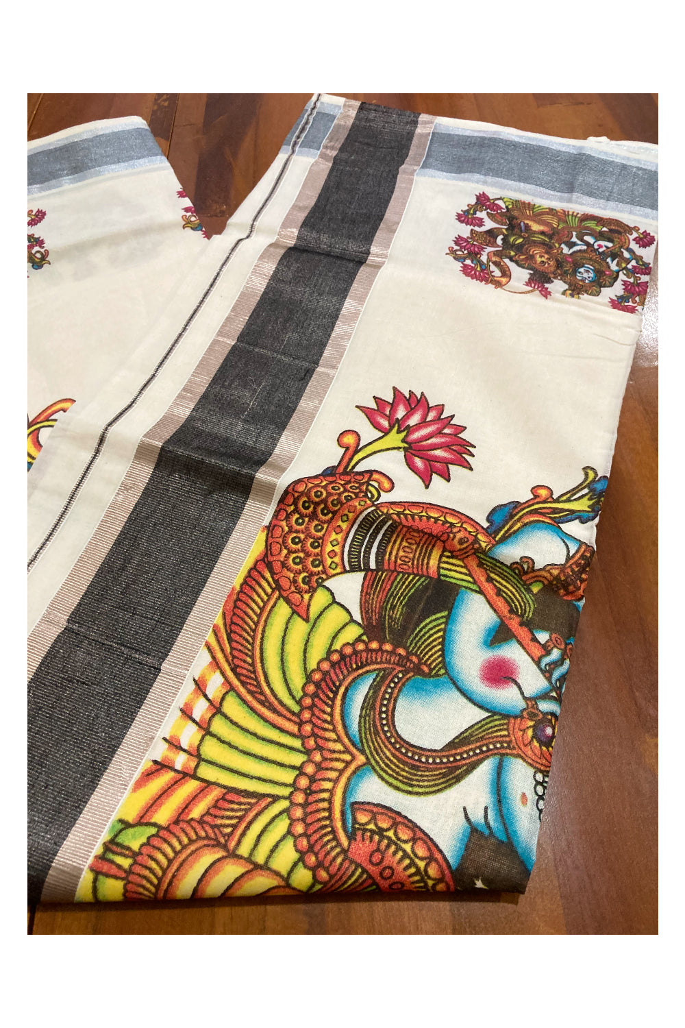 Pure Cotton Kerala Saree with Krishna Radha Mural Prints and Silver Black Border