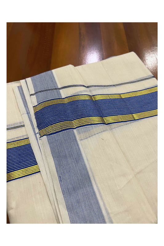 Off White Kerala Double Mundu with Blue and Kasavu Border (South Indian Dhoti)