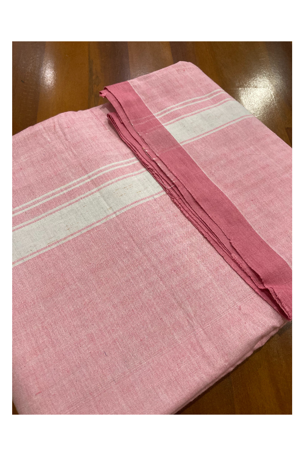 Southloom Premium Handloom Pink Solid Single Mundu (Lungi) with White Border