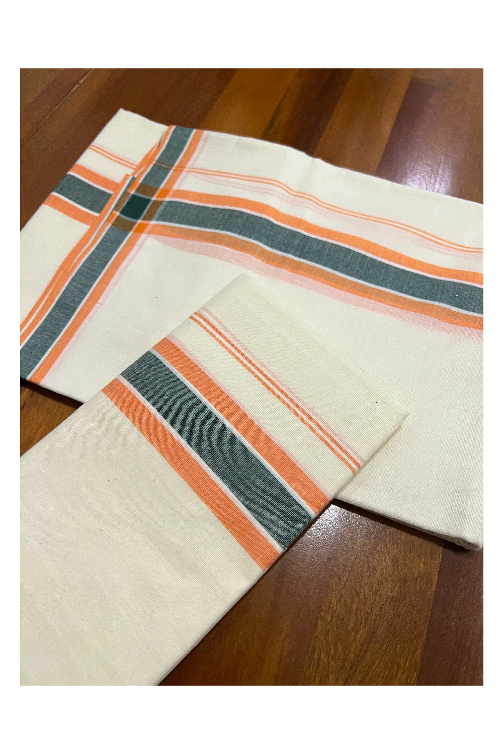 Kerala Cotton Mundum Neriyathum Single (Set Mundu) with Orange and Dark Green Mulloth Border (Extra Soft Cotton)