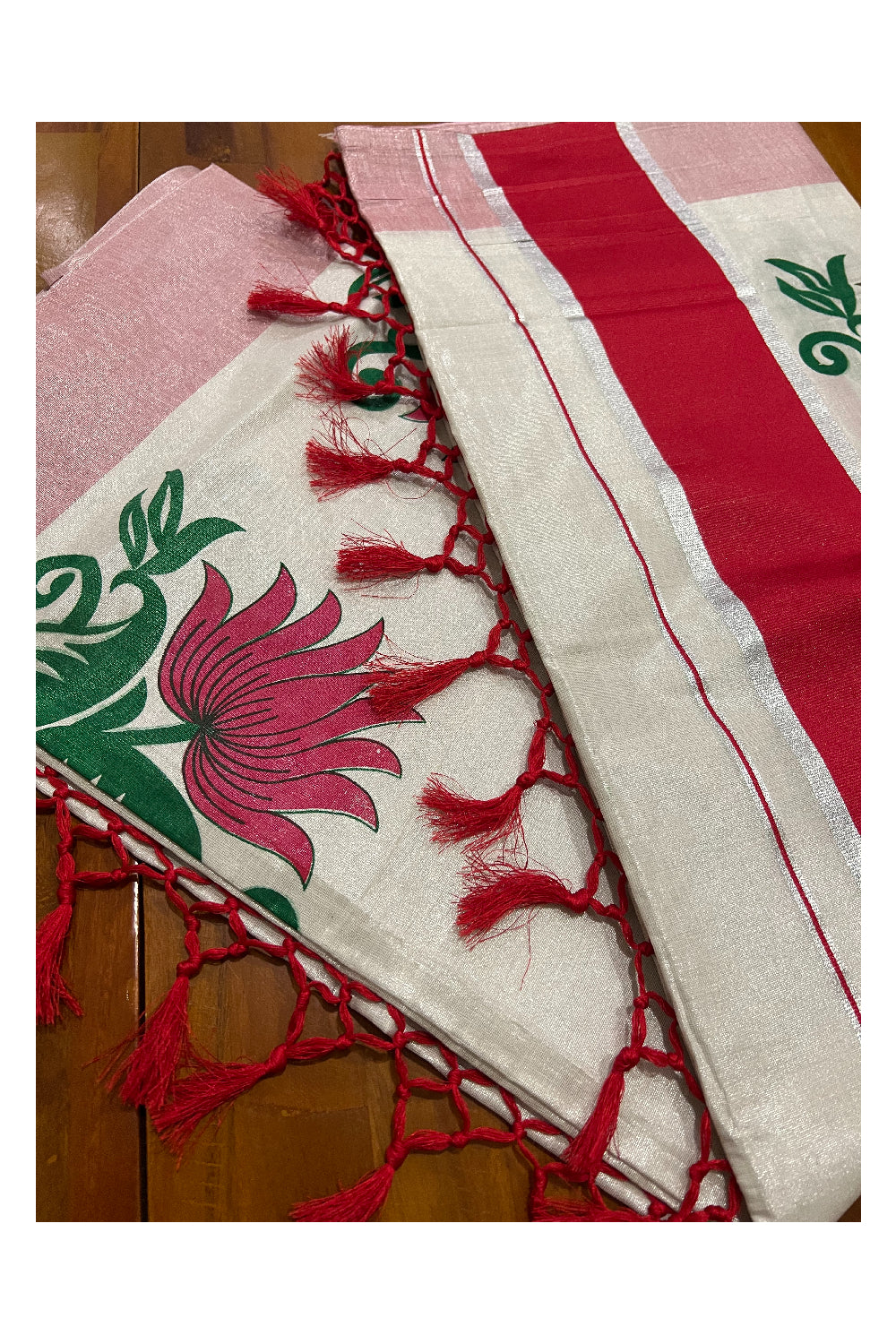 Kerala Tissue Kasavu Saree with Red Green Mural Floral Design and Tassels on Pallu