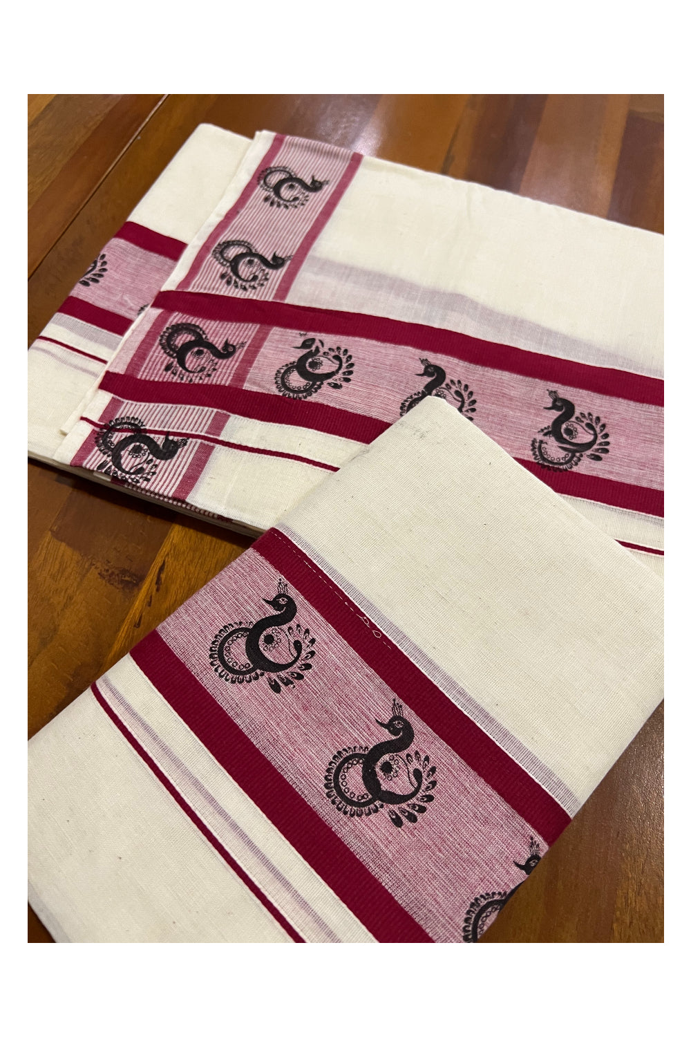 Kerala Cotton Set Mundu (Mundum Neriyathum) with Black Block Prints on Dark Red Border