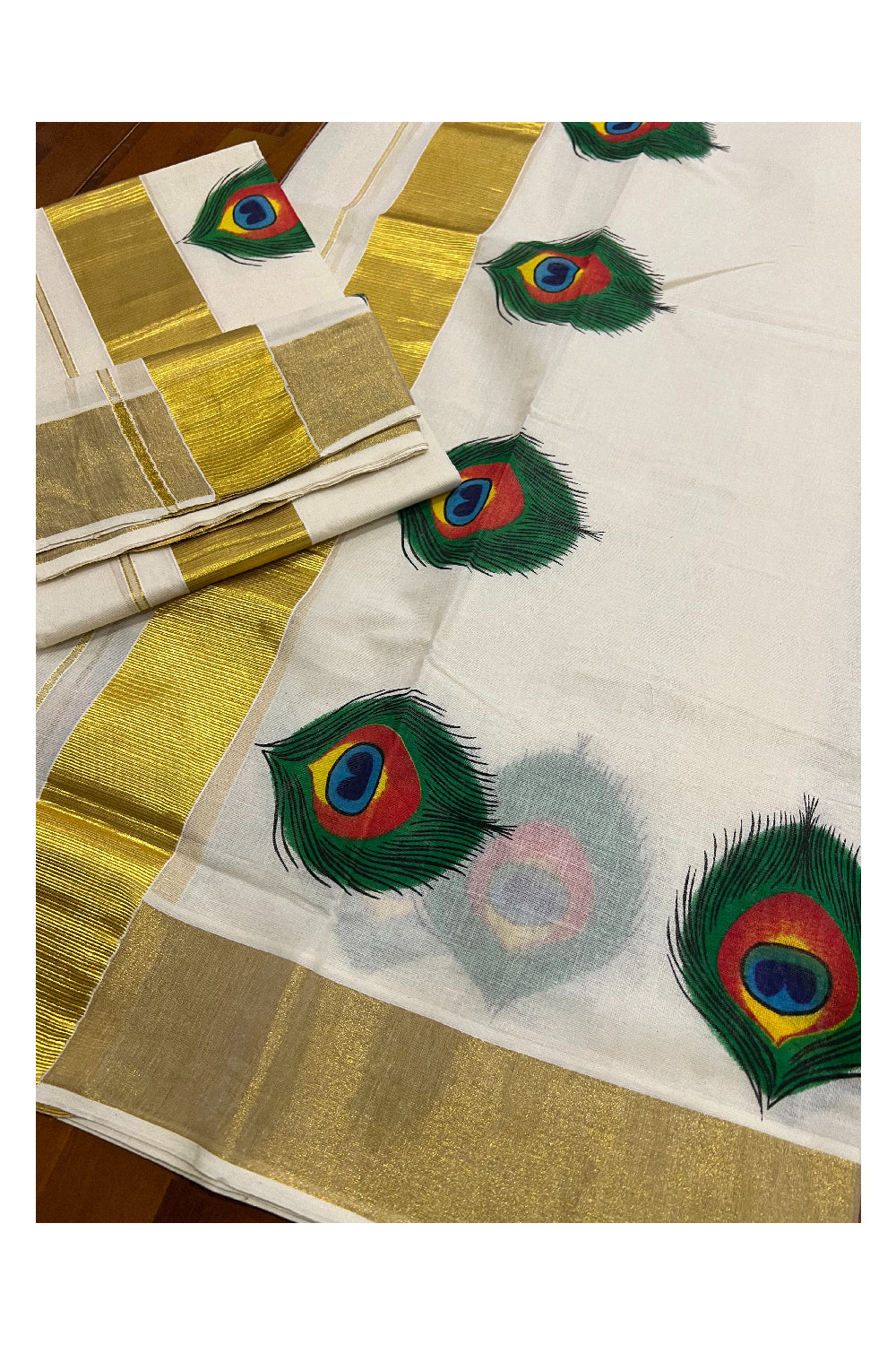 Pure Cotton Kasavu Set Mundu (Mundum Neriyathum) with Feather Mural Prints on Border 2.80 Mtrs