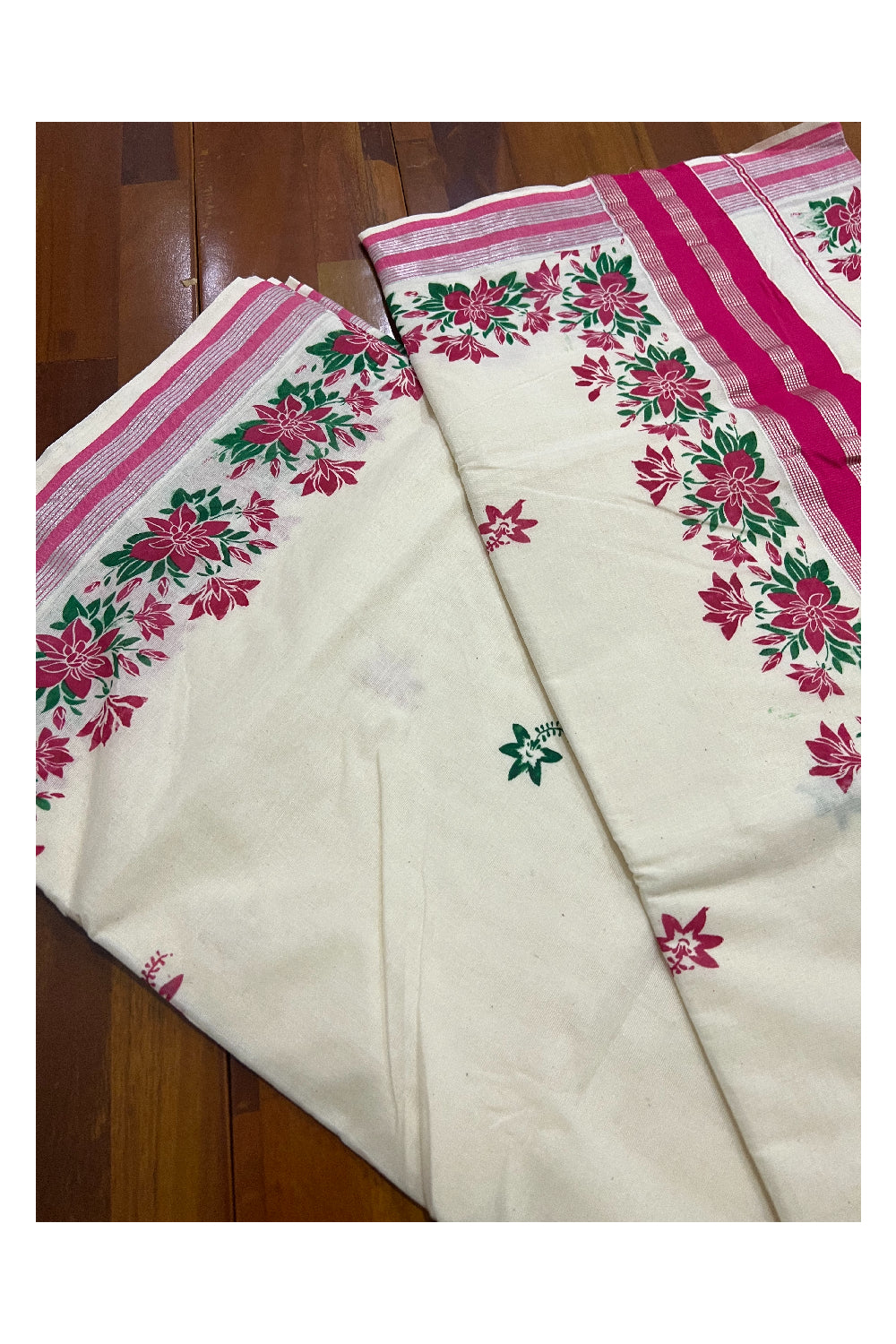 Pure Cotton Kerala Silver Kasavu Saree with Pink and Green Floral Block Printed Design