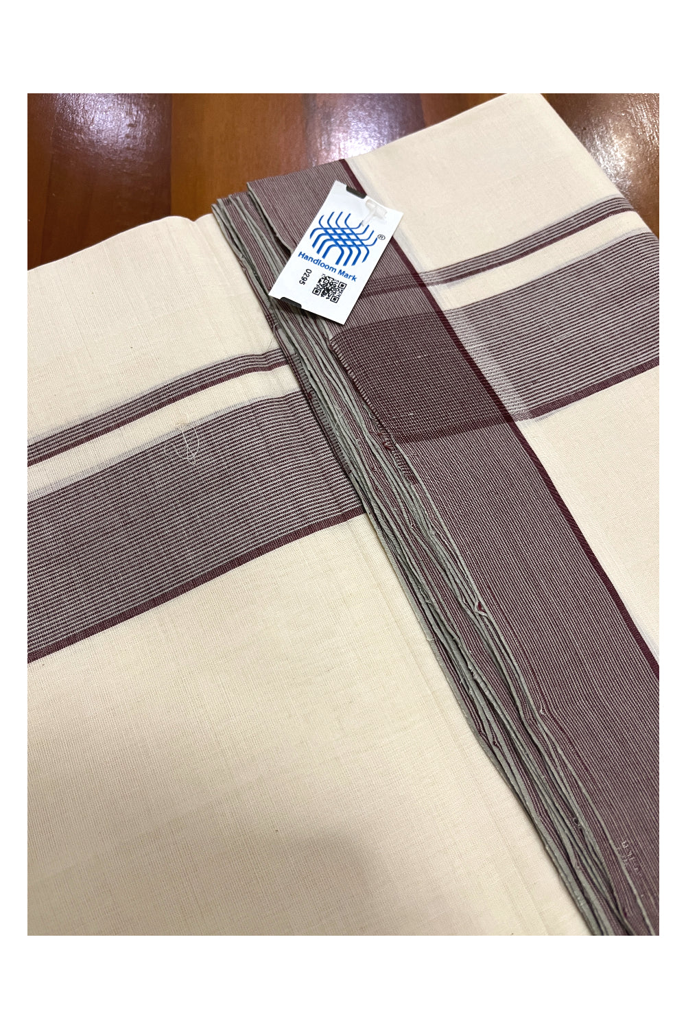 Southloom Premium Unakkupaavu Handloom Mundu with Brown Lines Border (South Indian Kerala Dhoti)