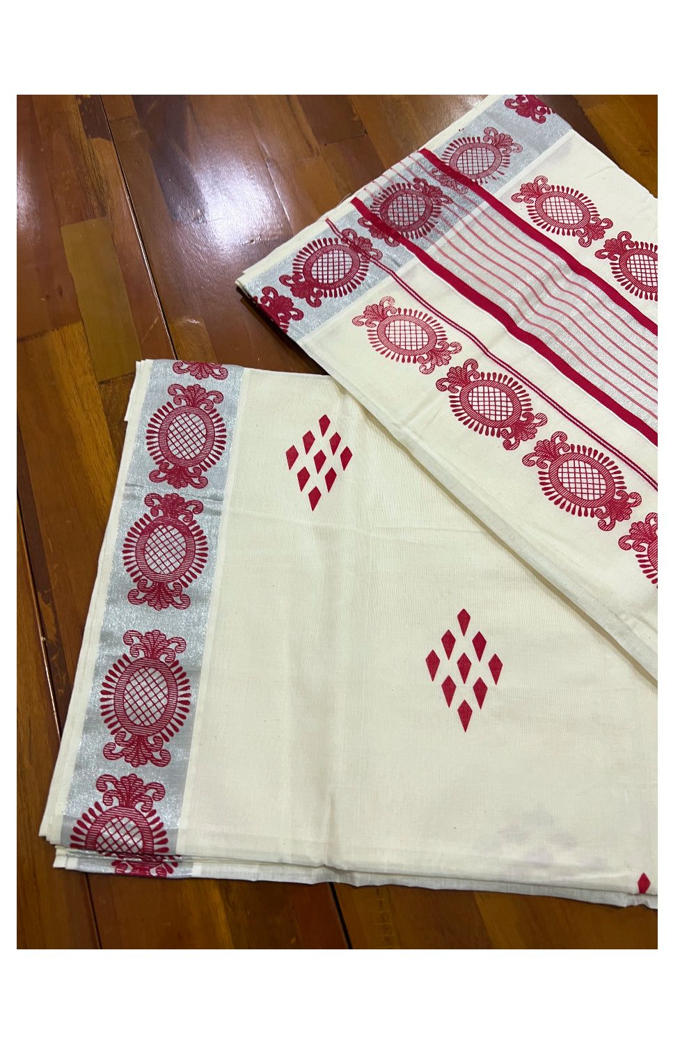 Pure Cotton Kerala Saree with Red Block Prints and Red Silver Kasavu Border