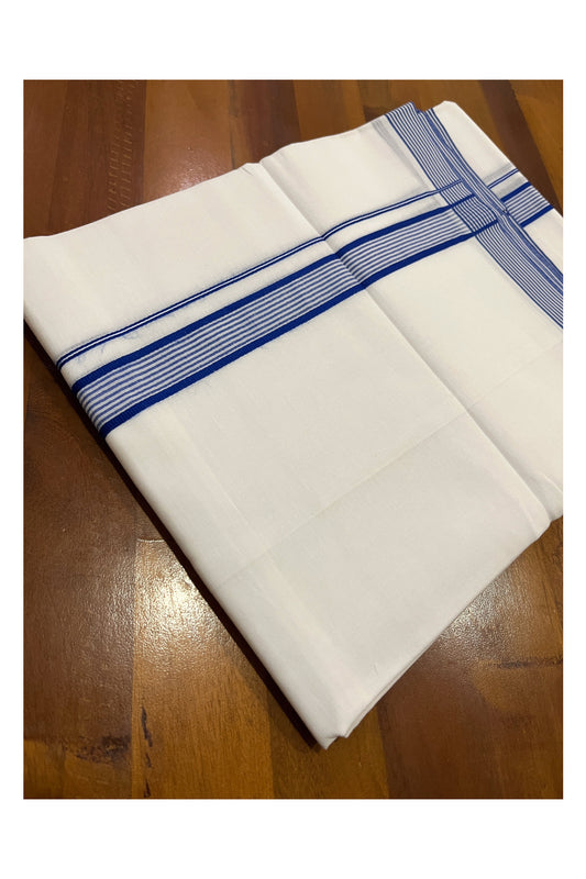 Pure White Cotton Double Mundu with Blue Lines Border (South Indian Dhoti)