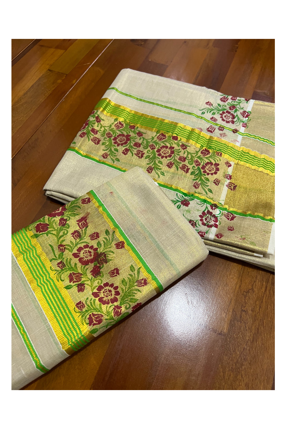 Kerala Tissue Kasavu Set Mundu (Mundum Neriyathum) with Light Green Red Floral Block Prints on Border