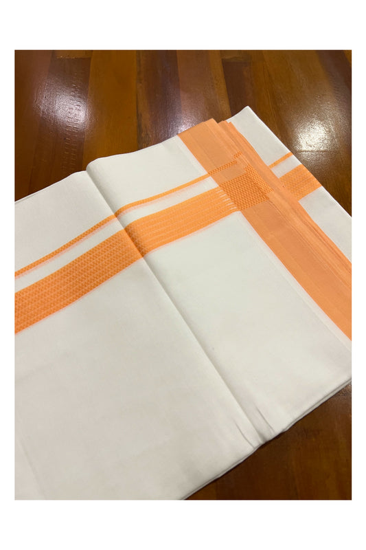 Pure White Cotton Double Mundu with Lines on Orange Border (South Indian Dhoti)