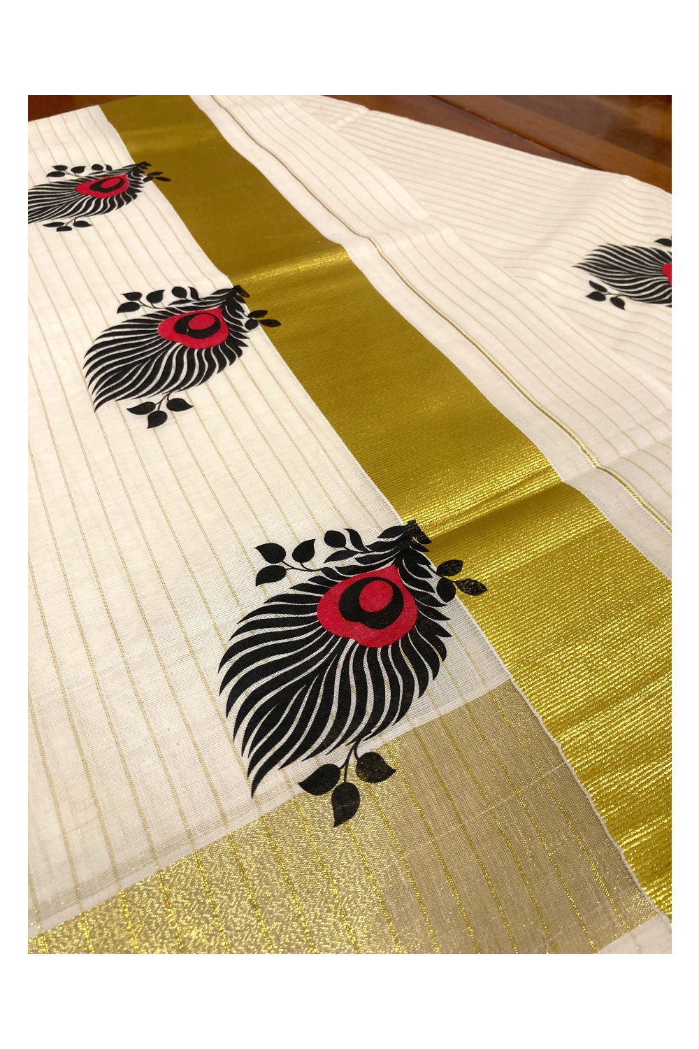 Pure Cotton Kerala Kasavu Lines Saree with Black and Red Block Prints on Border