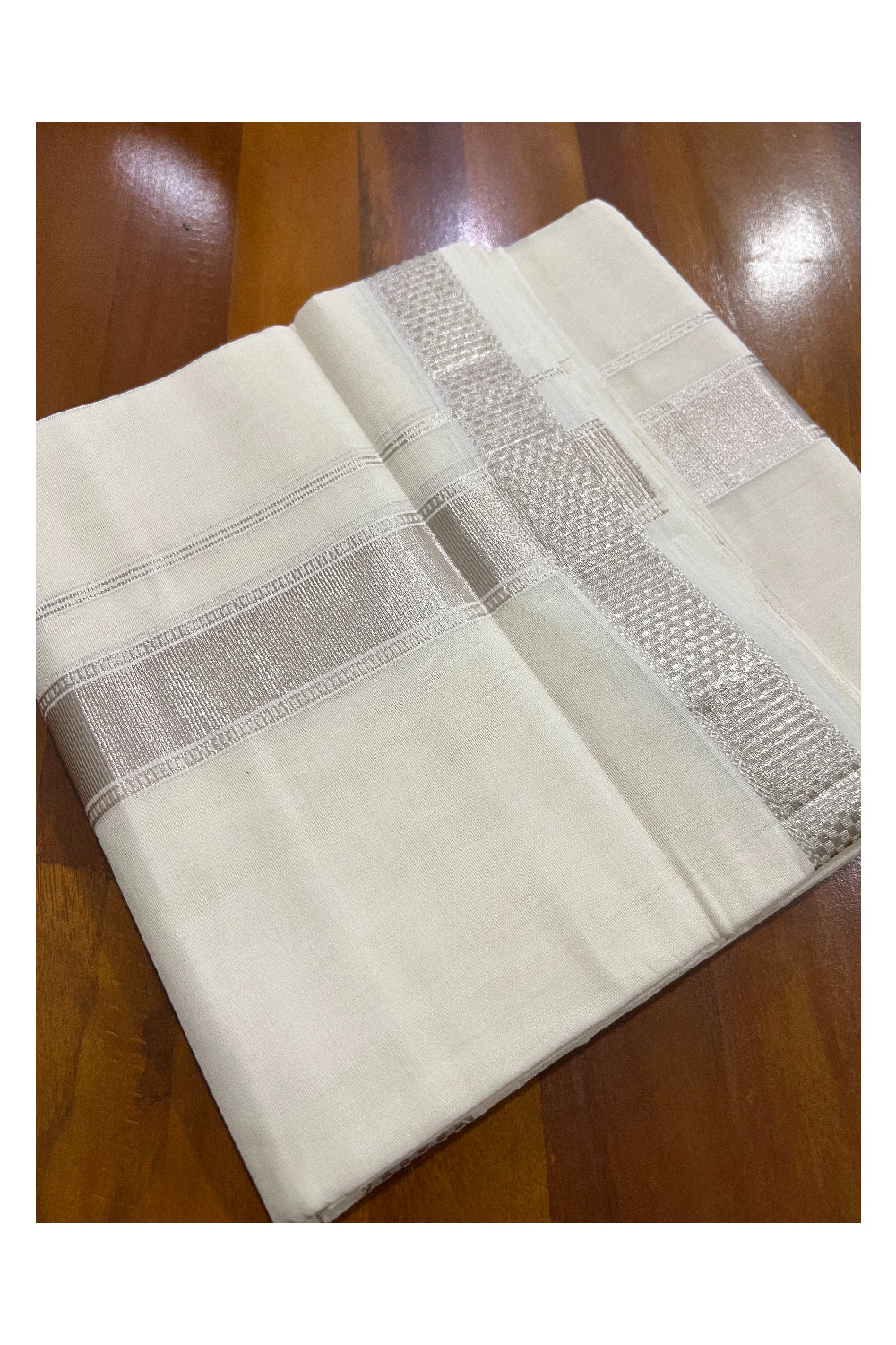 Southloom Kuthampully Handloom Pure Cotton Mundu with Silver Kasavu Designer Border (South Indian Dhoti)