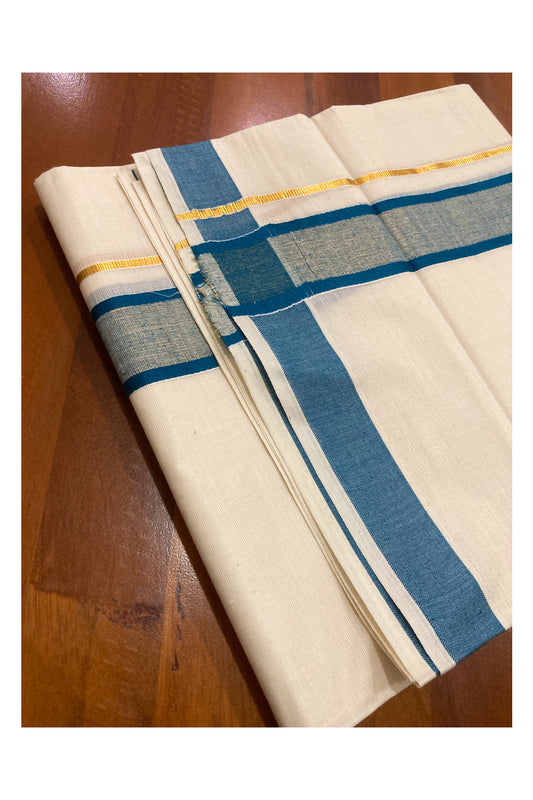 Off White Pure Cotton Double Mundu with Kasavu and Blue Border (South Indian Dhoti)