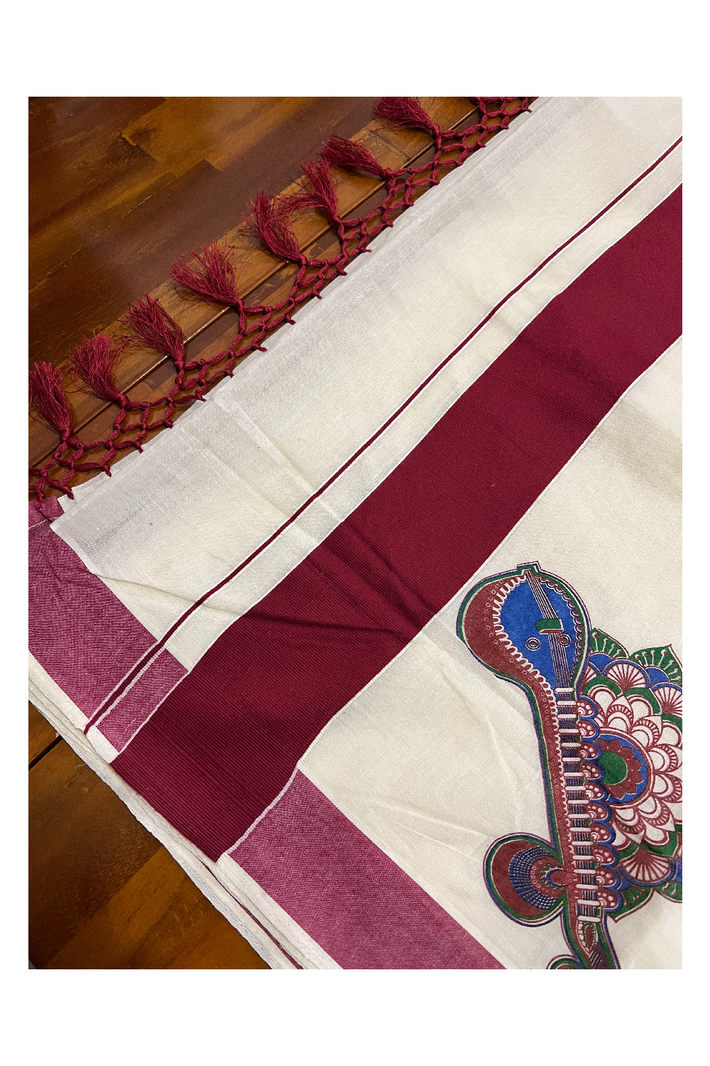 Pure Cotton Kerala Maroon Border Saree with Mural Veena and Floral Design