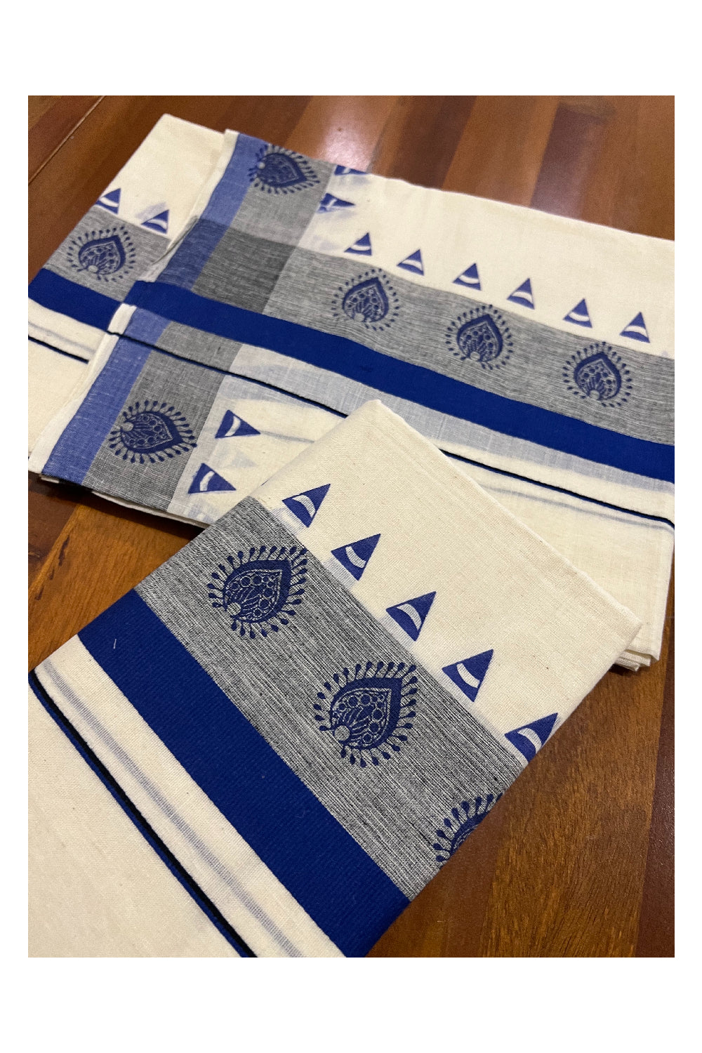 Kerala Cotton Set Mundu (Mundum Neriyathum) with Blue Block Prints on Border
