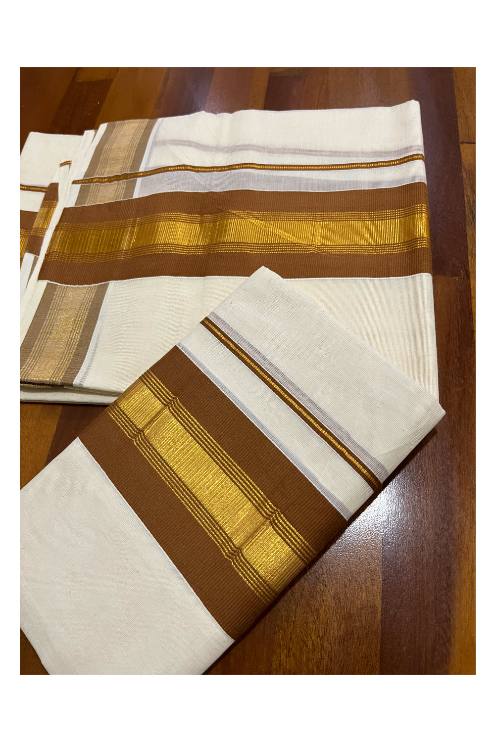 Pure Cotton Kerala Single Set Mundu (Mundum Neriyathum) with Brown and Kasavu Border