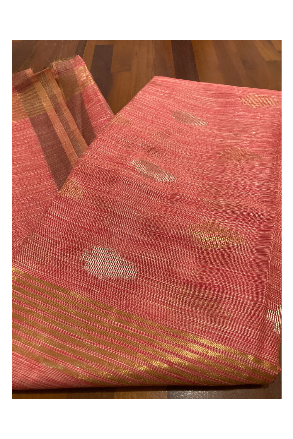 Southloom Semi Tussar Kasavu Designer Woven Works in Peach Saree