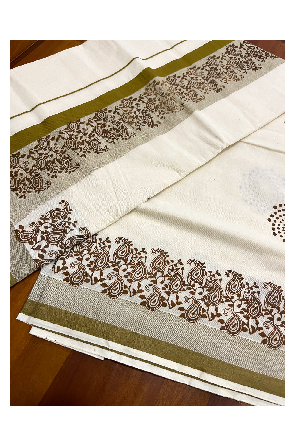 Pure Cotton Off White Kerala Saree with Brown Paisley Block Prints on Border