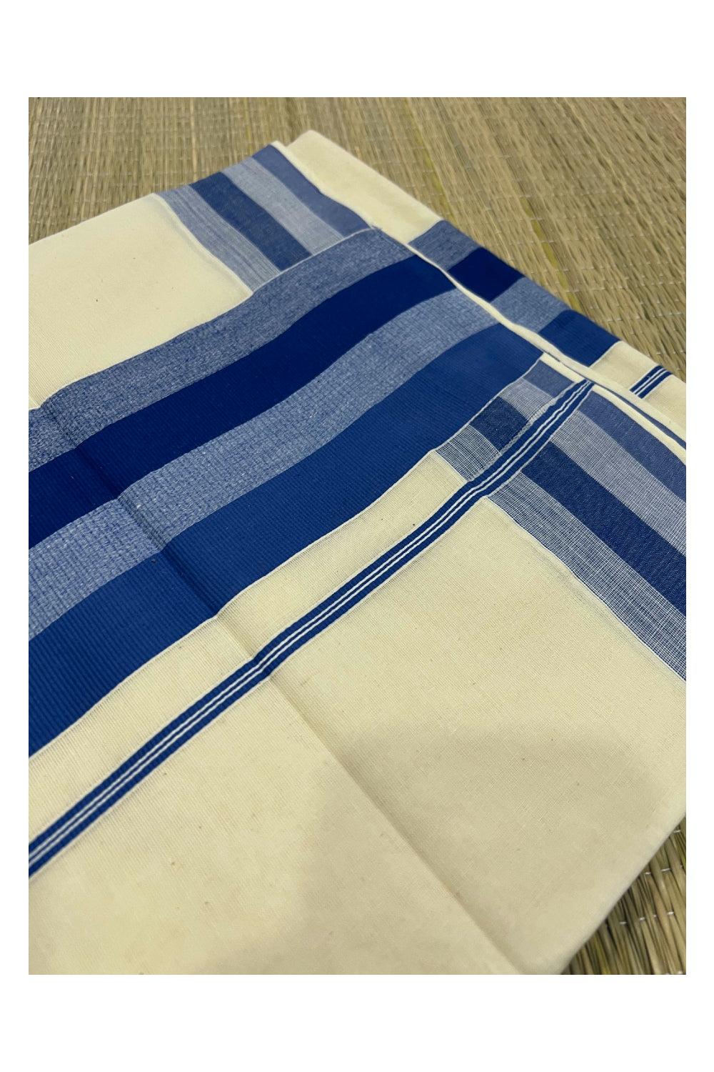 Pure Cotton Off White Kerala Saree with Blue Lines Border Design