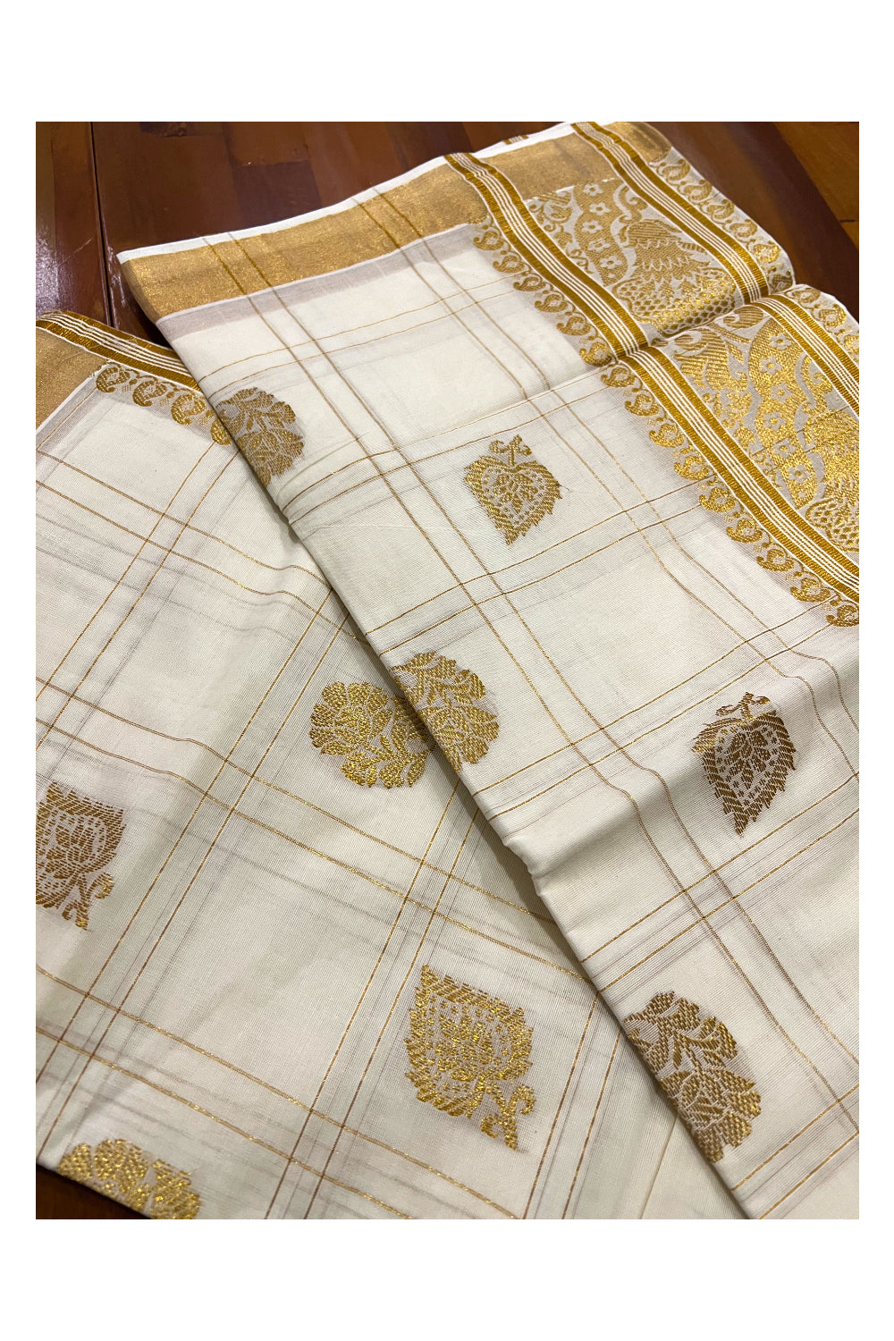 Pure Cotton Kerala Kasavu Checkered Heavy Work Saree with Floral Design