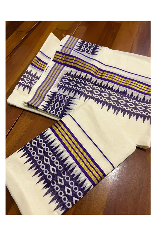 Pure Cotton Kasavu Single Set Mundu (Mundum Neriyathum Onam 2023) with Violet Temple Block Prints on Border