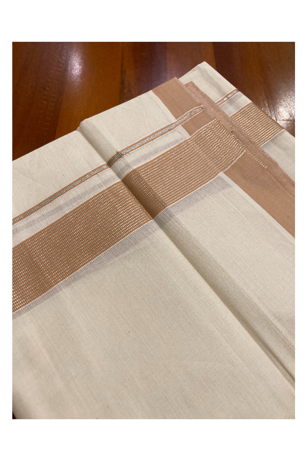 Off White Kerala Double Mundu with Silver Kasavu and Beige Line Border (South Indian Dhoti)