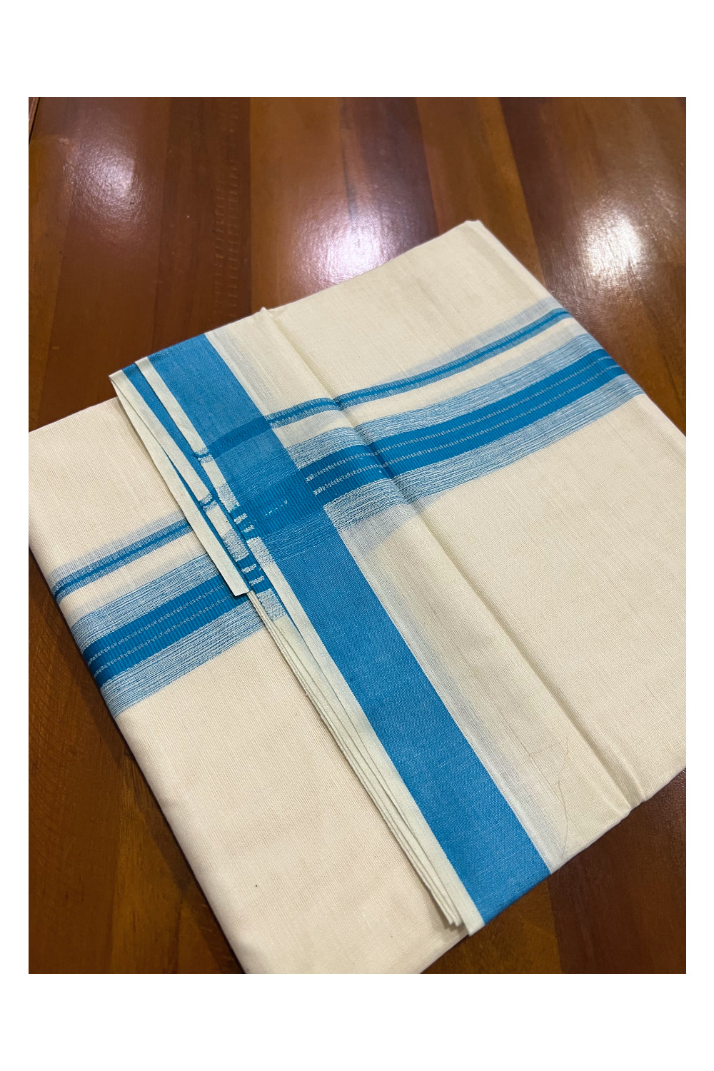 Pure Cotton Off White Double Mundu with Light Blue Border (South Indian Kerala Dhoti)