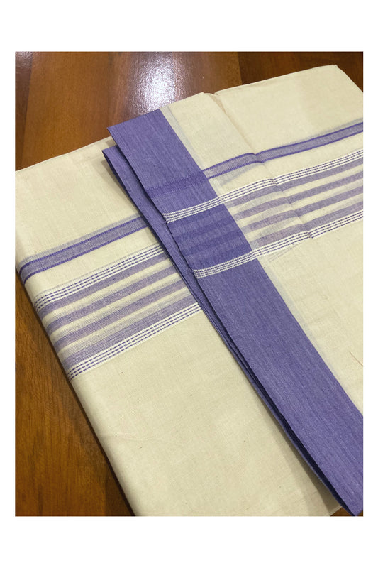 Off White Kerala Double Mundu with Violet Lines Border (South Indian Kerala Dhoti)