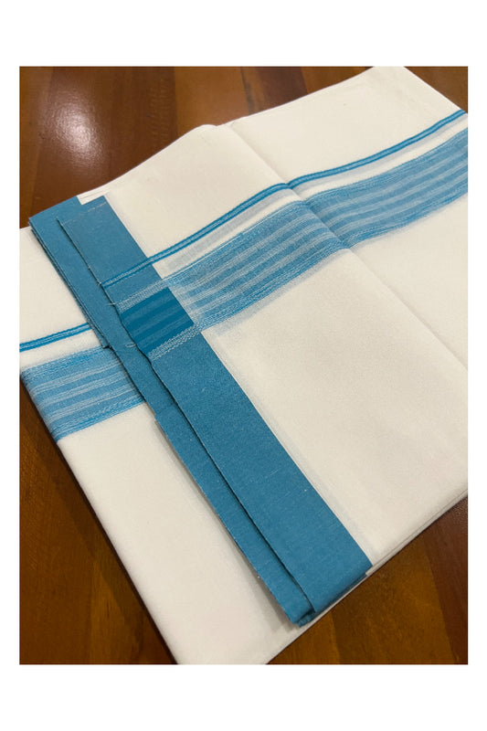 Pure White Kerala Cotton Double Mundu with Light Blue Border (South Indian Dhoti)