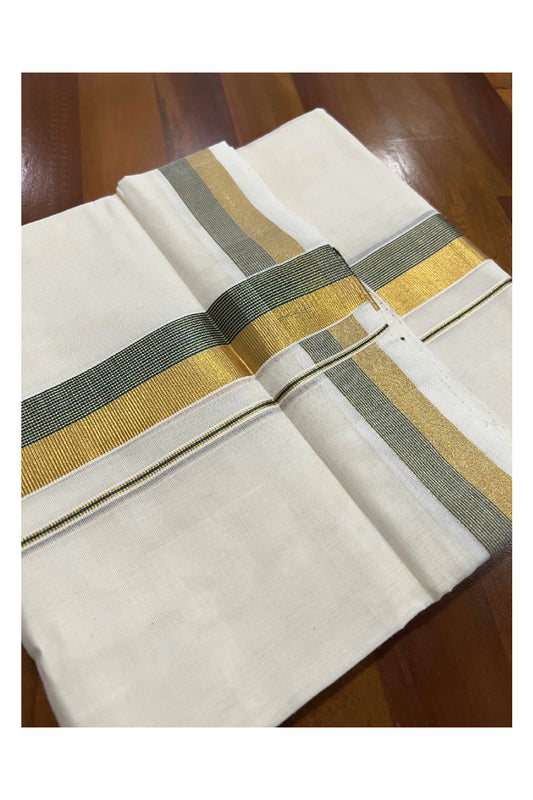 Southloom Kuthampully Handloom Pure Cotton Mundu with Golden and Green Kasavu Lines Border (South Indian Dhoti)