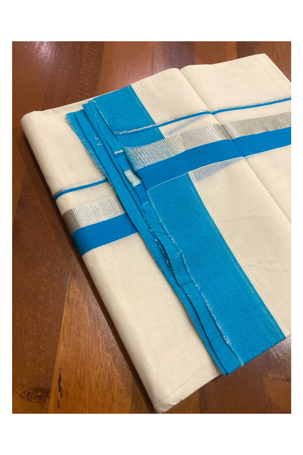 Pure Cotton Double Mundu with Blue and Silver Kasavu Border (South Indian Dhoti)