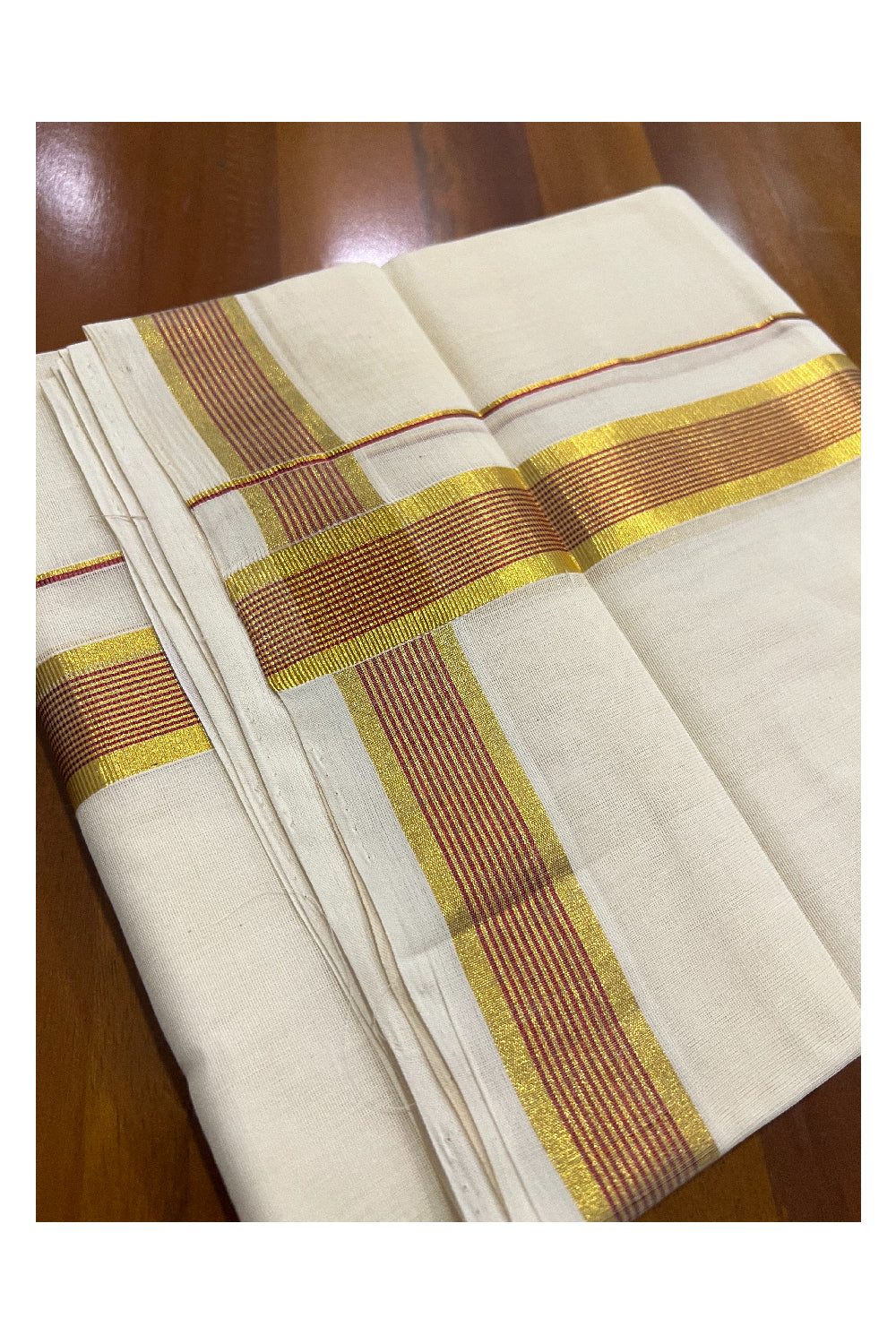 Southloom Kuthampully Handloom Pure Cotton Mundu with Golden and Red Kasavu Border (South Indian Dhoti)