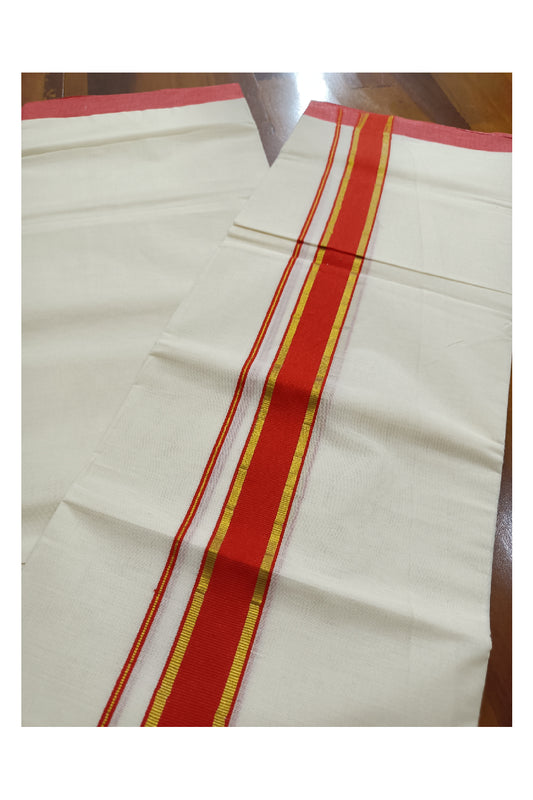 Off White Kerala Double Mundu with Kasavu and Red Kara (South Indian Dhoti)