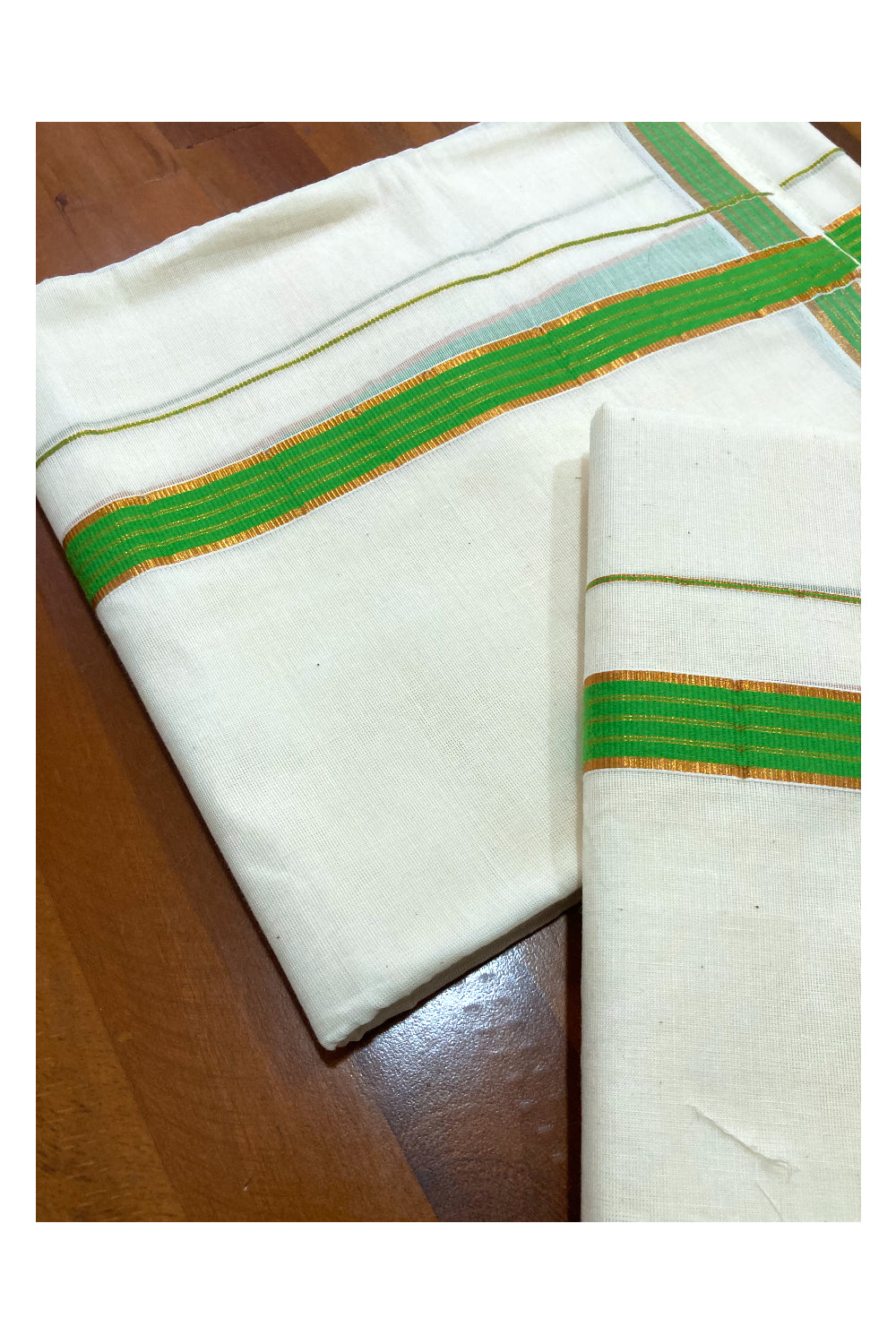 Mundum Neriyathum Double (Set Mundu) with Green and Kasavu Border