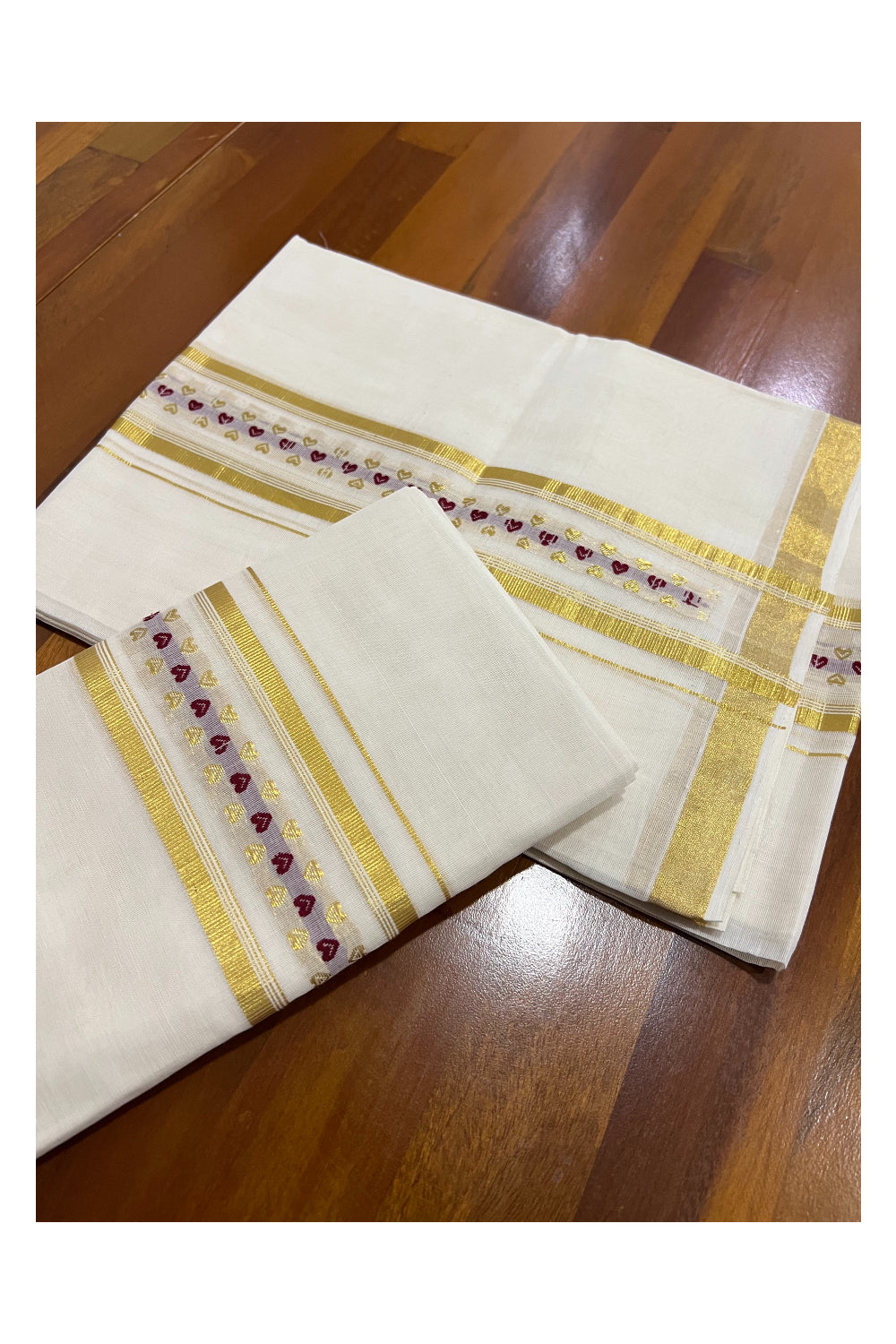 Southloom Handloom Premium Cotton Set Mundu with Kasavu Woven Work on Border (Magenta Woven Dots)