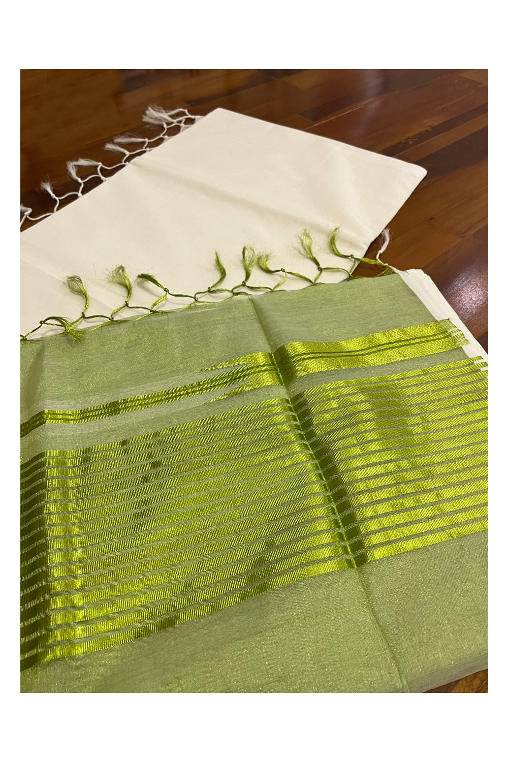 Southloom™ Premium Handloom Half & Half (Cotton / Tissue) Kerala Saree with Light Green Kasavu Pallu