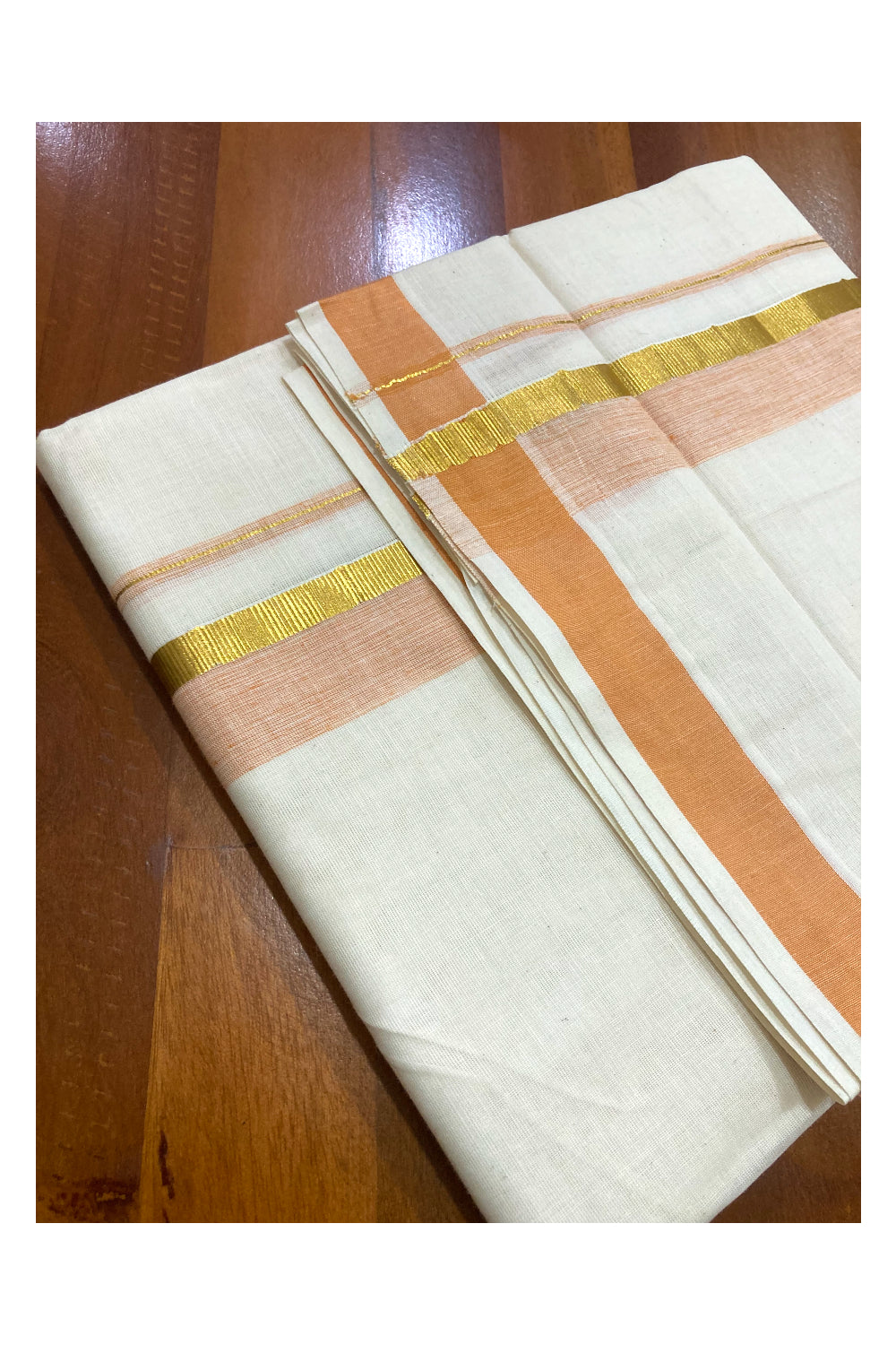 Pure Cotton Off White Double Mundu with Orange and Kasavu Border (South Indian Dhoti)