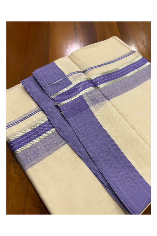 Off White Kerala Double Mundu with Silver Kasavu and Violet Border (South Indian Dhoti)