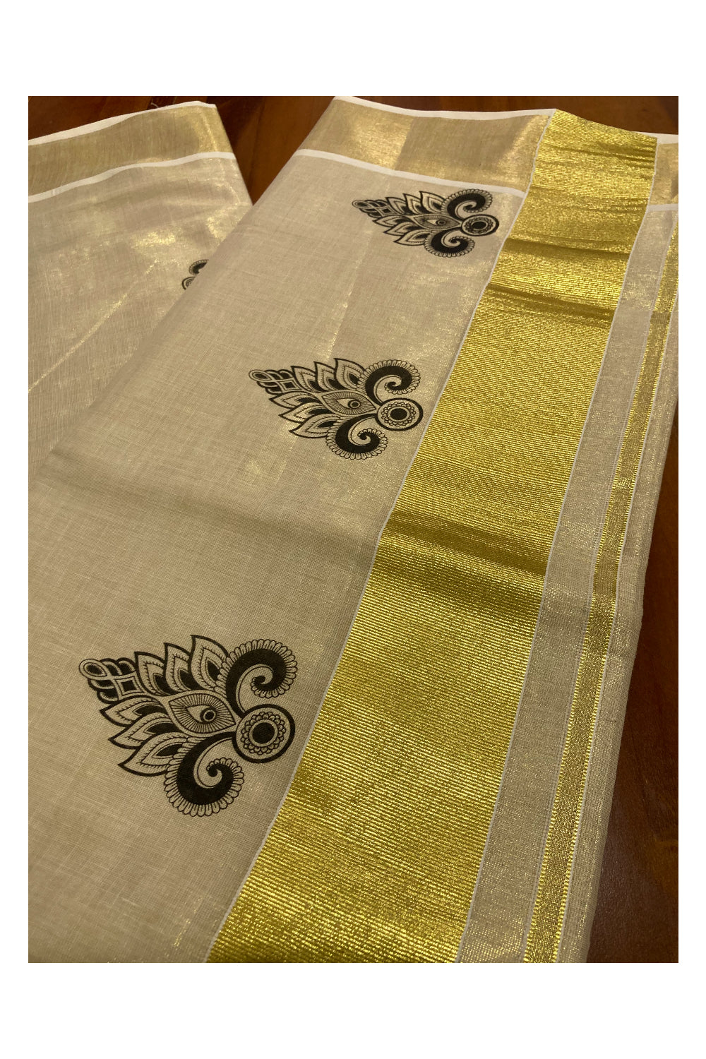 Kerala Tissue Kasavu Saree with Black Block Printed Design