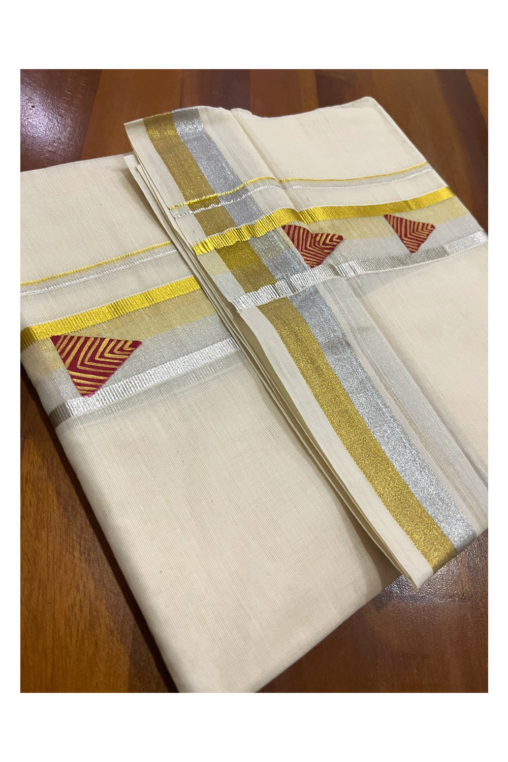 Off White Pure Cotton Double Mundu with Red Mural Hand Painted Design on Silver and Golden Kasavu Kara (South Indian Dhoti)