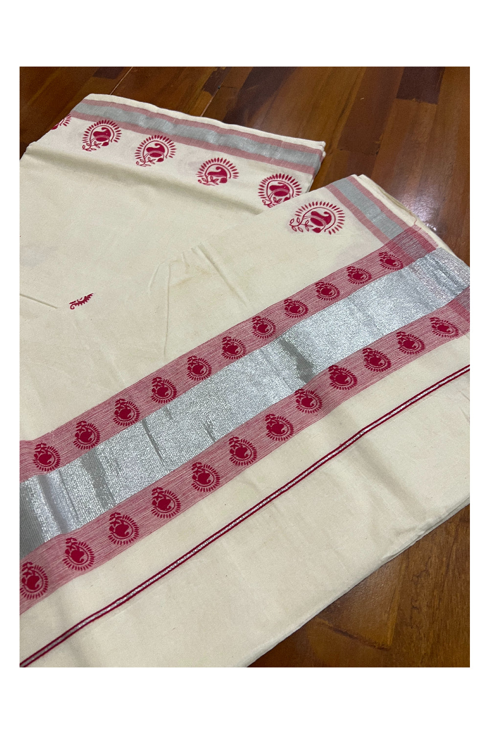 Pure Cotton Kerala Saree with Dark Pink Paisley Block Prints on SIlver Kasavu Border