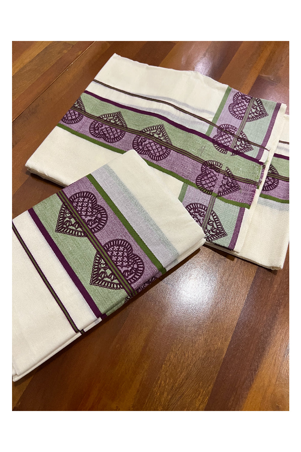 Kerala Cotton Set Mundu (Mundum Neriyathum) with Block Prints on Green and Purple Border