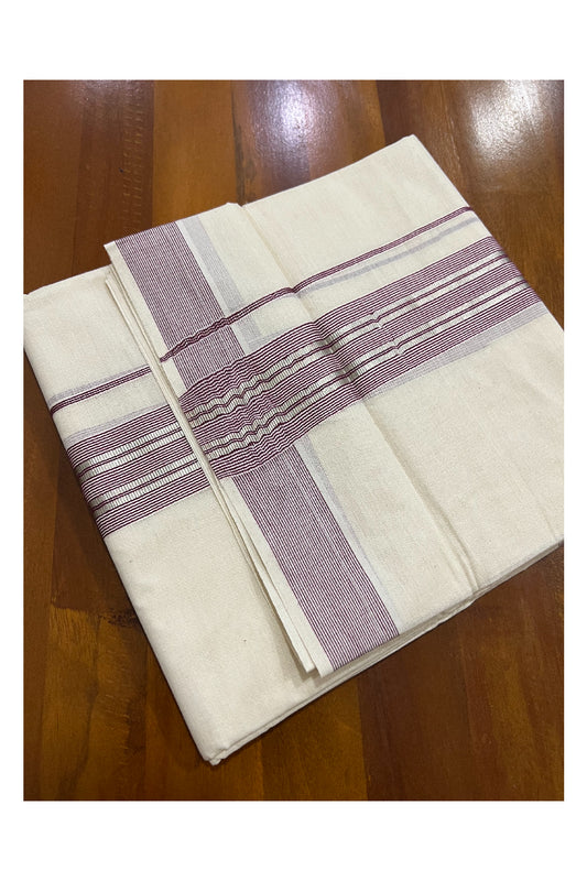 Off White Kerala Double Mundu with Silver Kasavu and Maroon Line Border (South Indian Dhoti)