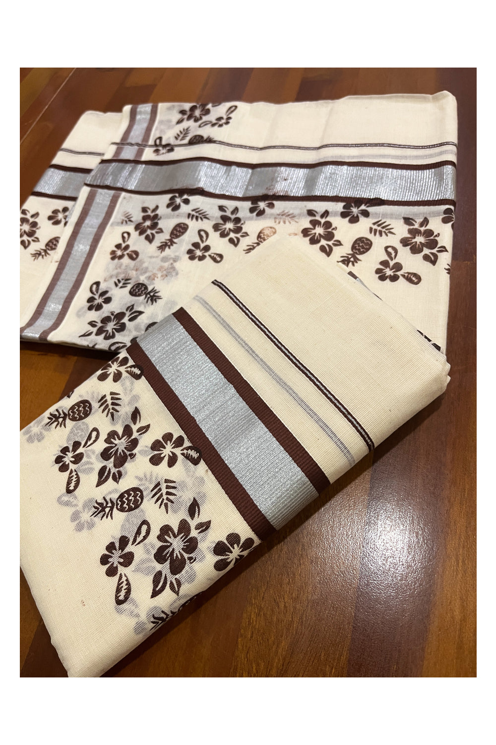 Pure Cotton Single Set Mundu (Mundum Neriyathum) with Silver Kasavu and Brown Floral Block Prints